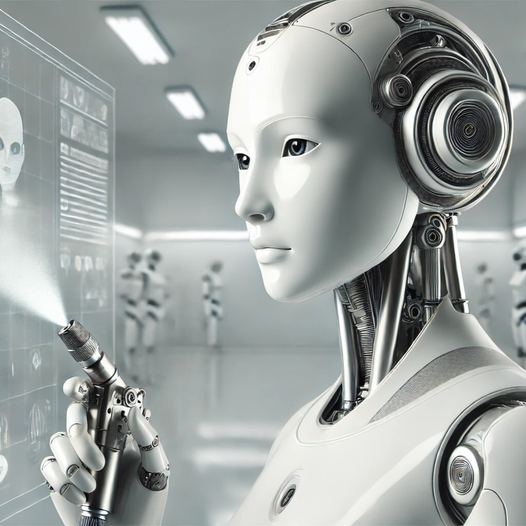 DALL·E 2024-12-13 11.15.23 - A futuristic, sleek white robot with human-like features such as eyes, mouth, and nose, applying powder in an industrial setting. The robot is holding